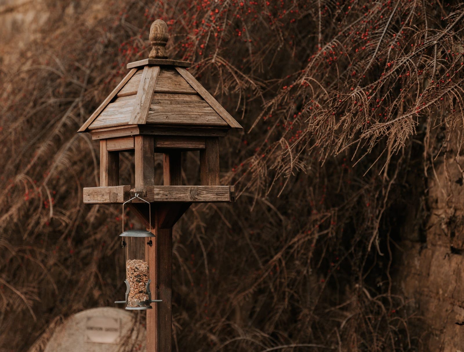 A wooden nest box mounted on a metal pole in an open field.