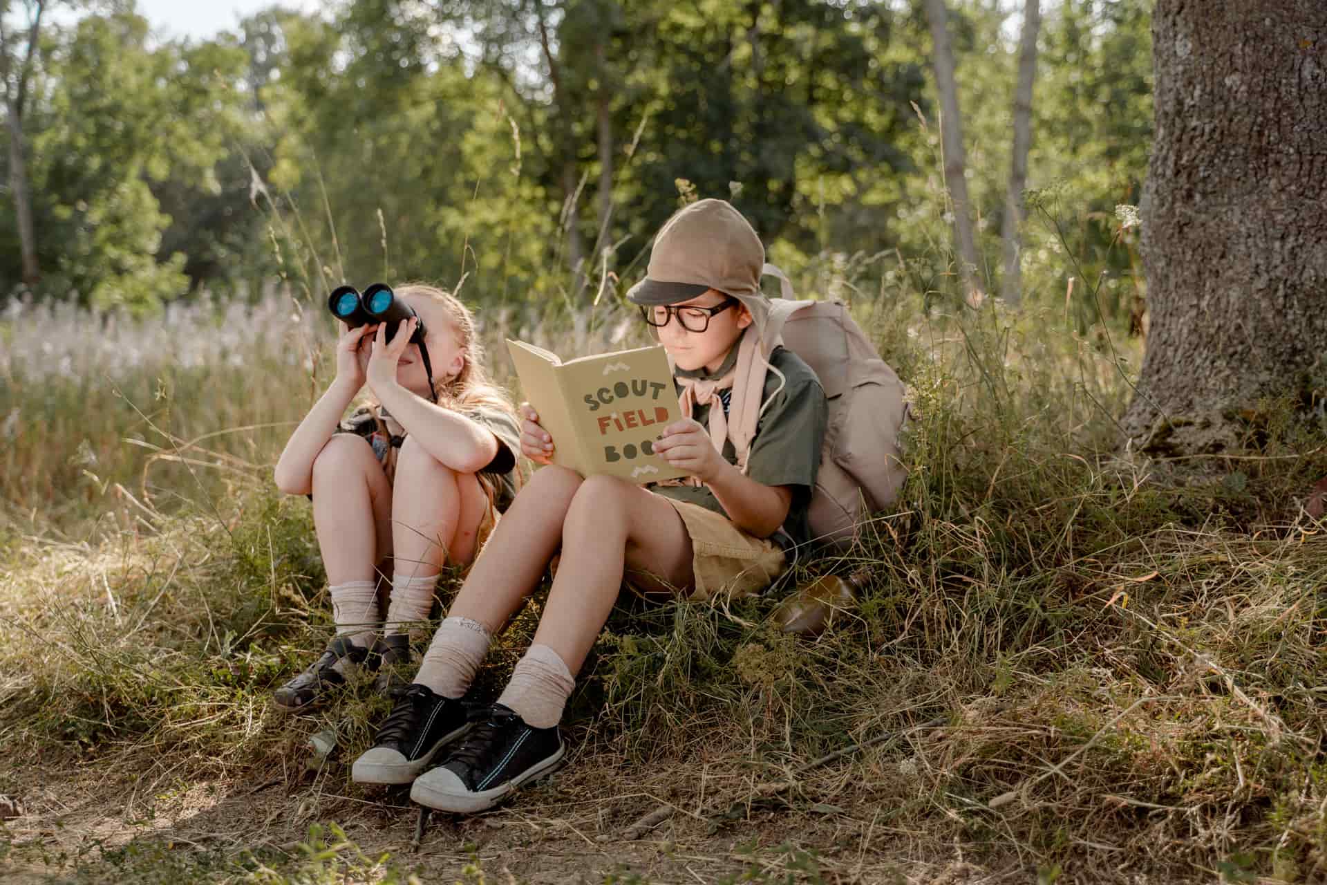 An open illustrated bird field guide lying beside a pair of binoculars.