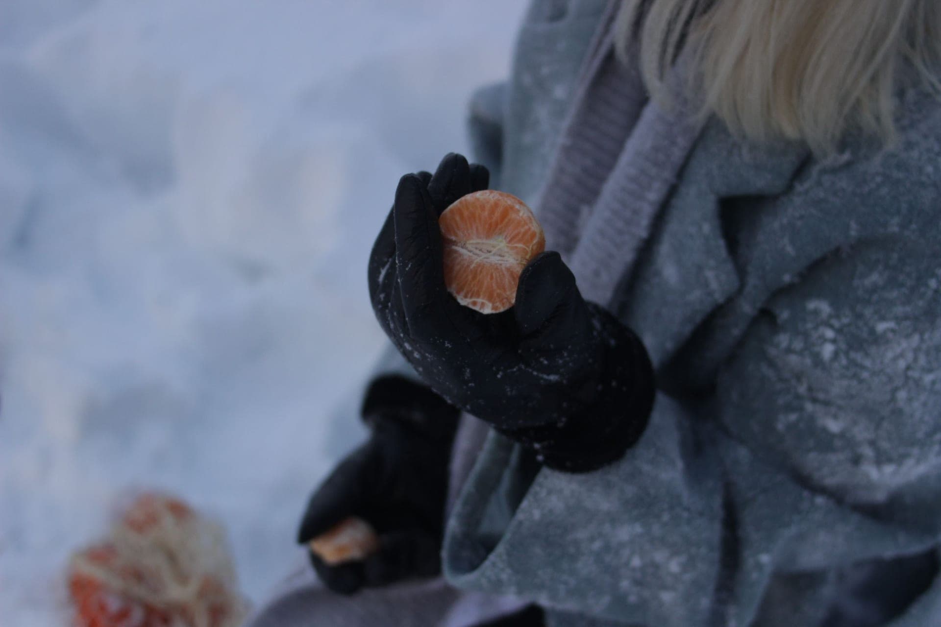 Gloved hands held up against a cold outdoor background.